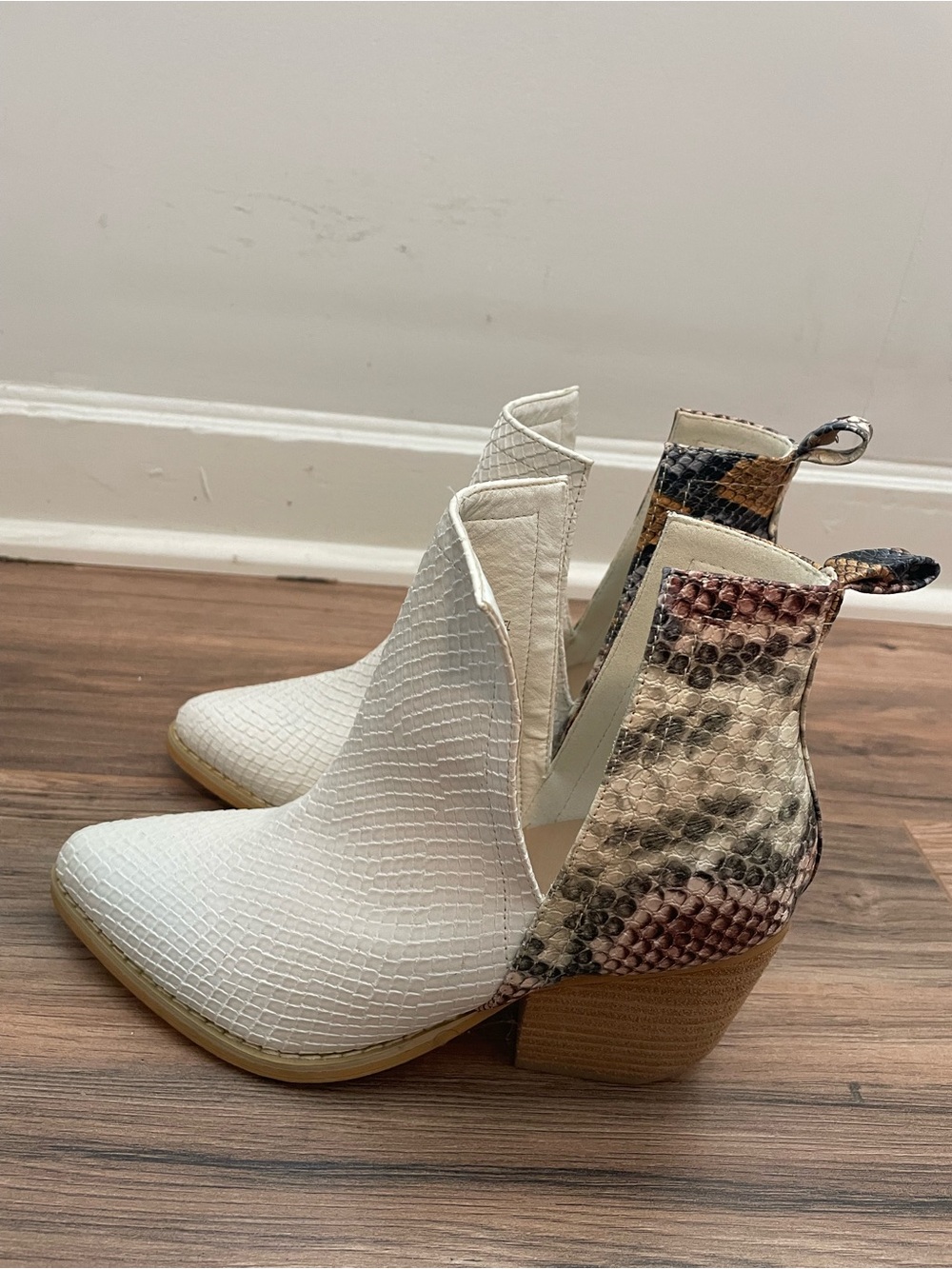 White and Snake Print Ankle Heels Boots